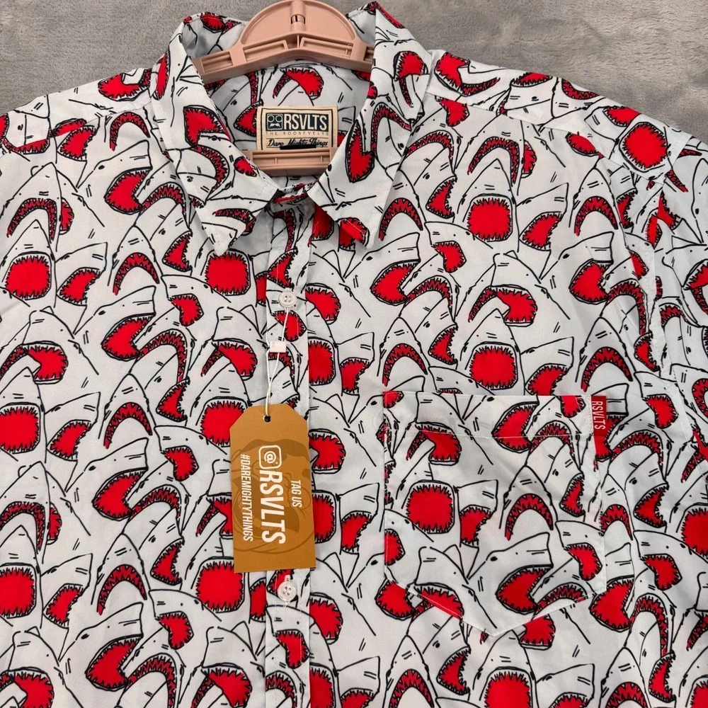 New RSVLTS Shirt Mens XXL Red Great White Shark Jaws KUNUFLEX Short Sleeve - Picture 4 of 13